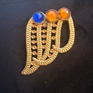 Vintage Gold Brooch with Blue and Orange Accents